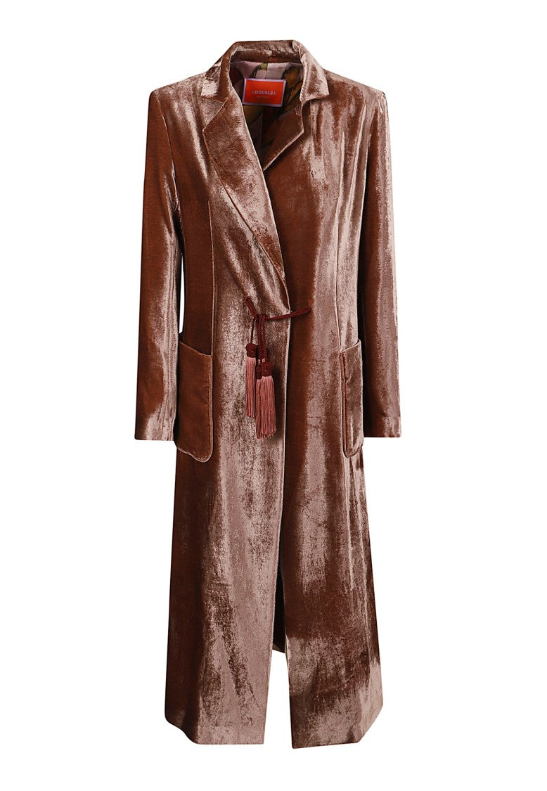 La Double J Glossy Velvet Duster Coat With Double-Breasted Closure And Tailored Silhouette