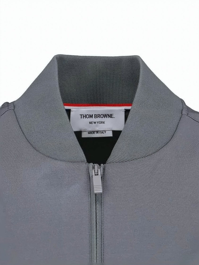 Thom Browne Cropped Grey Leather Jacket With Striped Accents