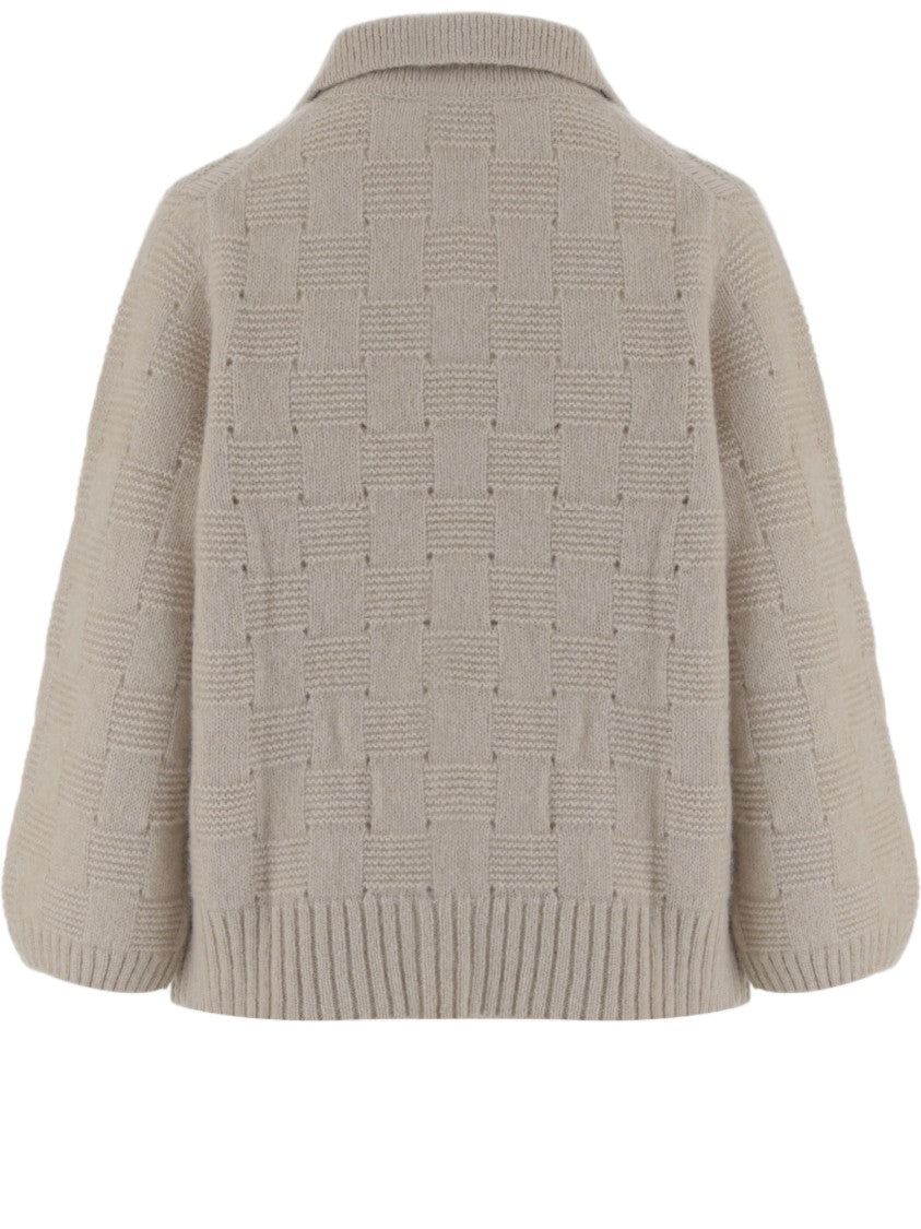 Allude Beige Button-Down Puff Sleeve Cardigan