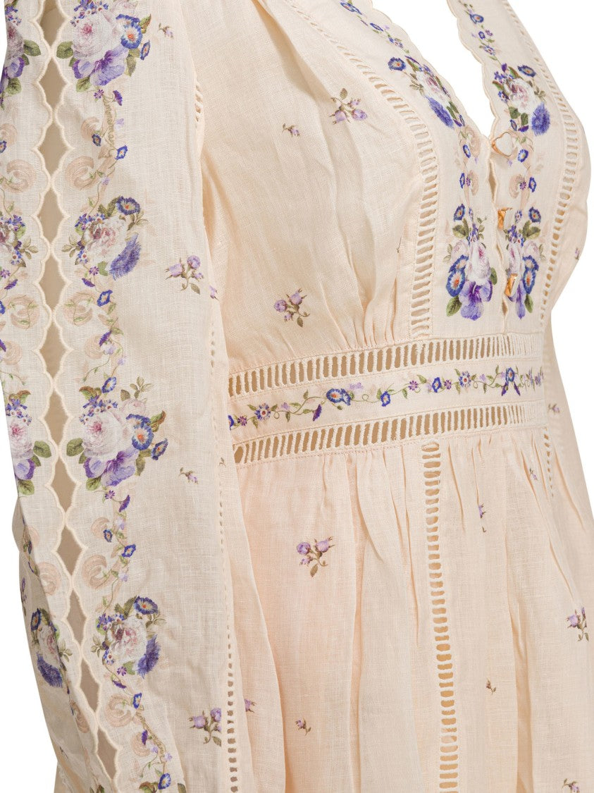 Zimmermann Flared Silk-Lightweight Dress With Floral Embroidery
