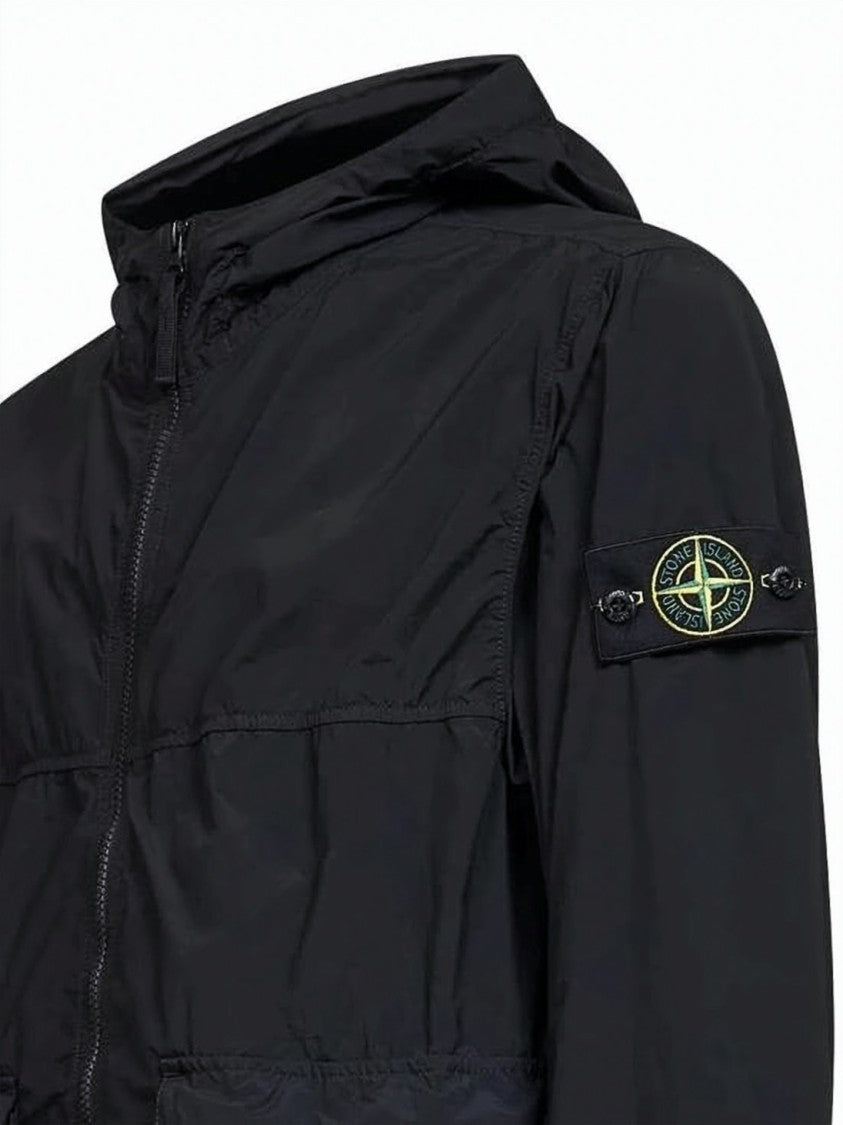 Stone Island Minimalist Black Hooded Jacket With Zipper Closure