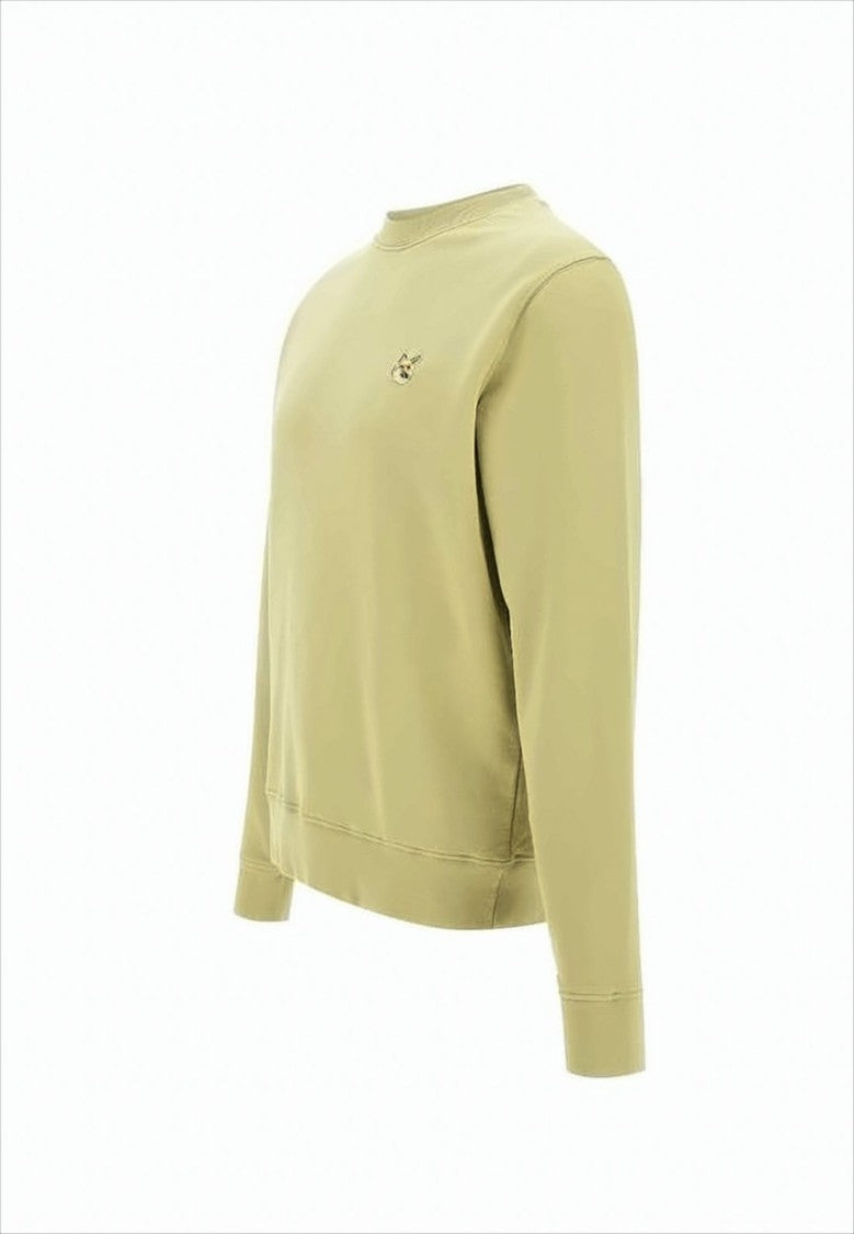 Maison Kitsuné Long-Sleeve Crewneck Sweatshirt In Light Olive With Embroidered Fox Emblem