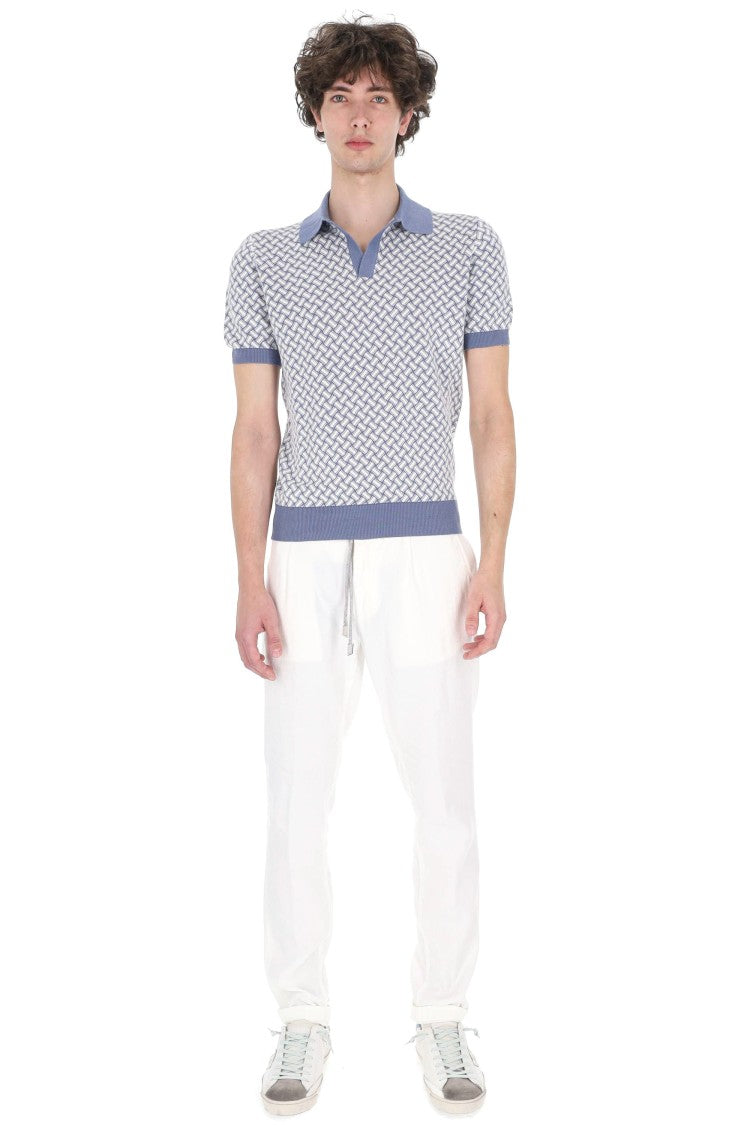 Drumohr White Blue Biscottino Cotton-Linen Polo Shirt