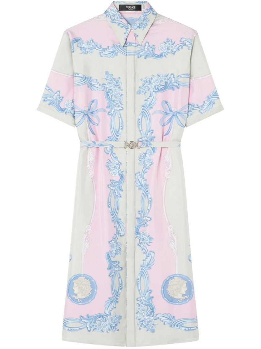 Versace Silk Twill Dress With Medusa Cameo Print And Cinched Waist