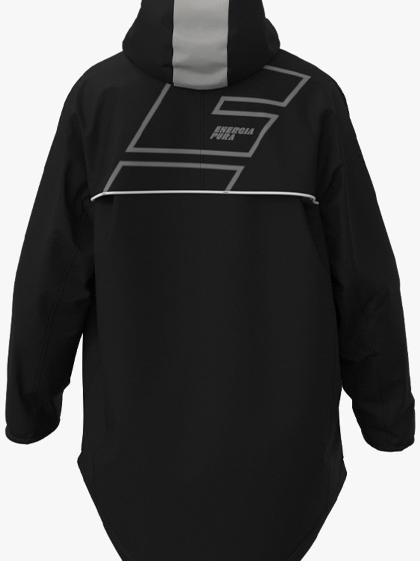 Energia Pura Black Hooded Jacket With Geometric Detailing And Front Zipper Closure