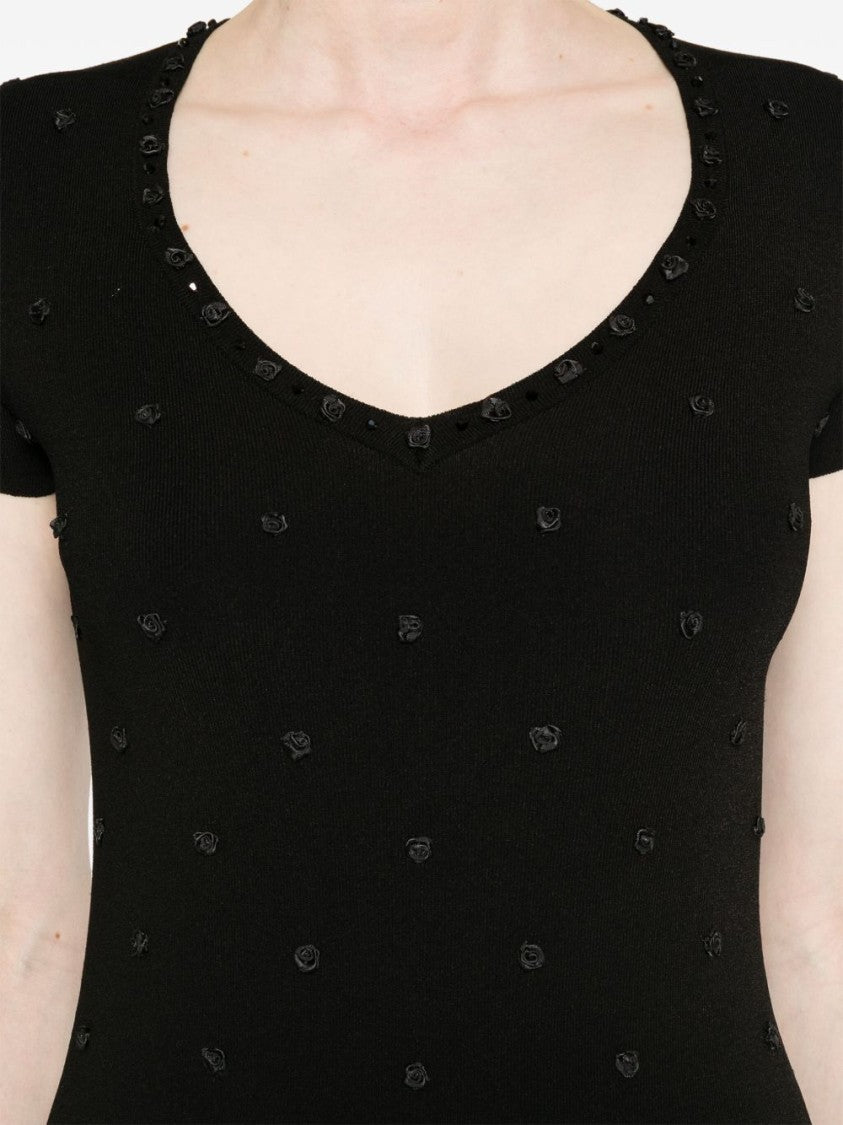 Blugirl Fitted Midi Dress With Short Sleeves And Floral Embellishments