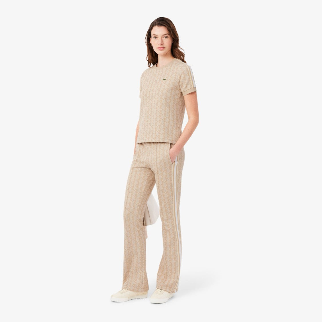 Lacoste Beige Knit Wide-Leg Pants With Geometric Pattern