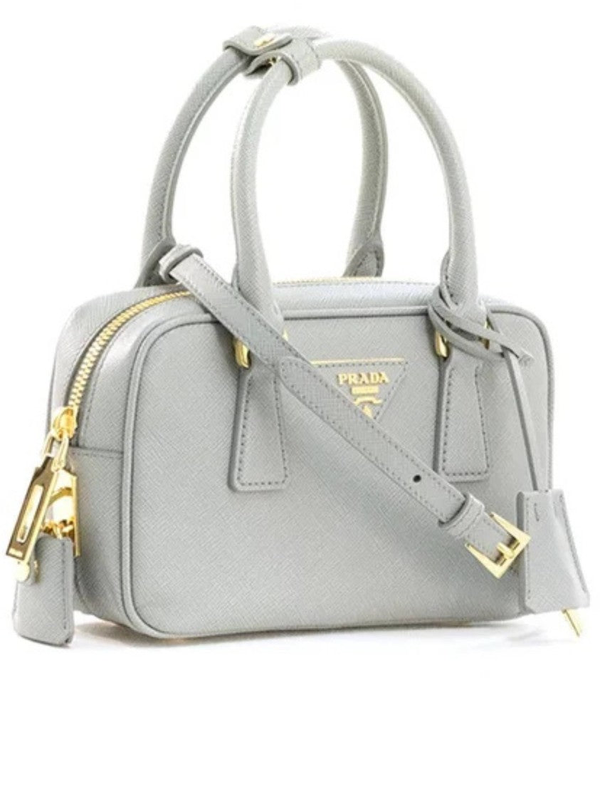 Prada Grey Bauletto Structured Textured Handbag