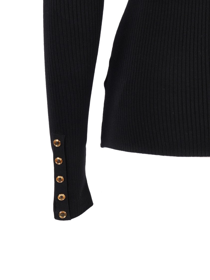 Elisabetta Franchi Fitted Turtleneck Top With Ribbed Texture And Gold Accents