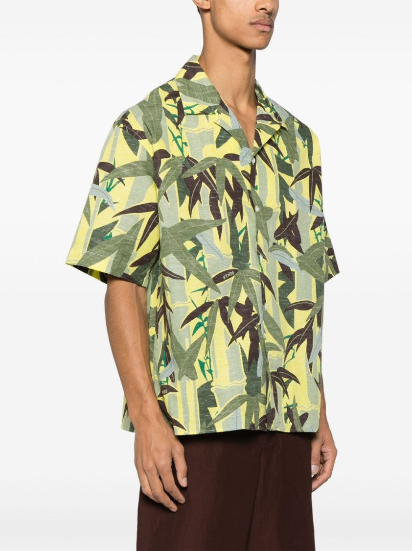 Kenzo Lime Green Camp Collar Slit Shirt