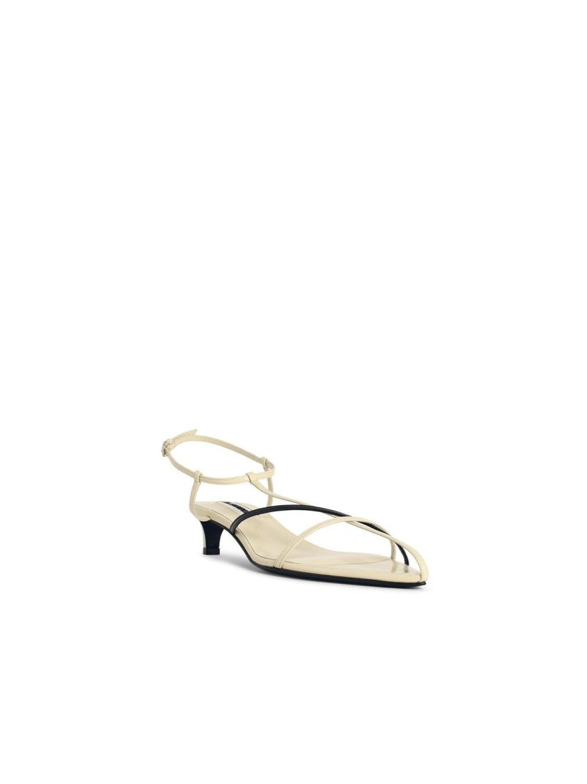 Jil Sander 'Cage' Chalk White Leather Sandals With Two-Tone Woven Straps And Low Heels
