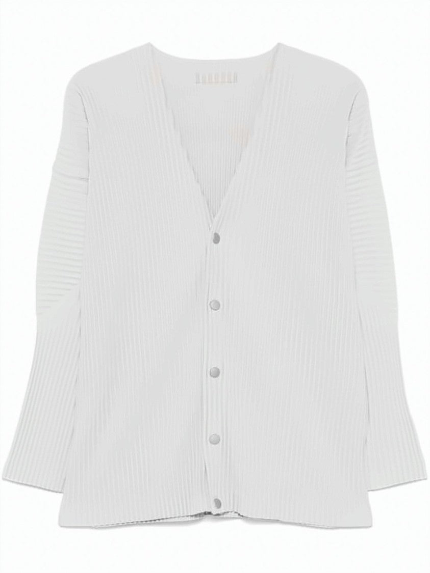 Homme Plissé Issey Miyake Finely Pleated White Cardigan With V-Neckline