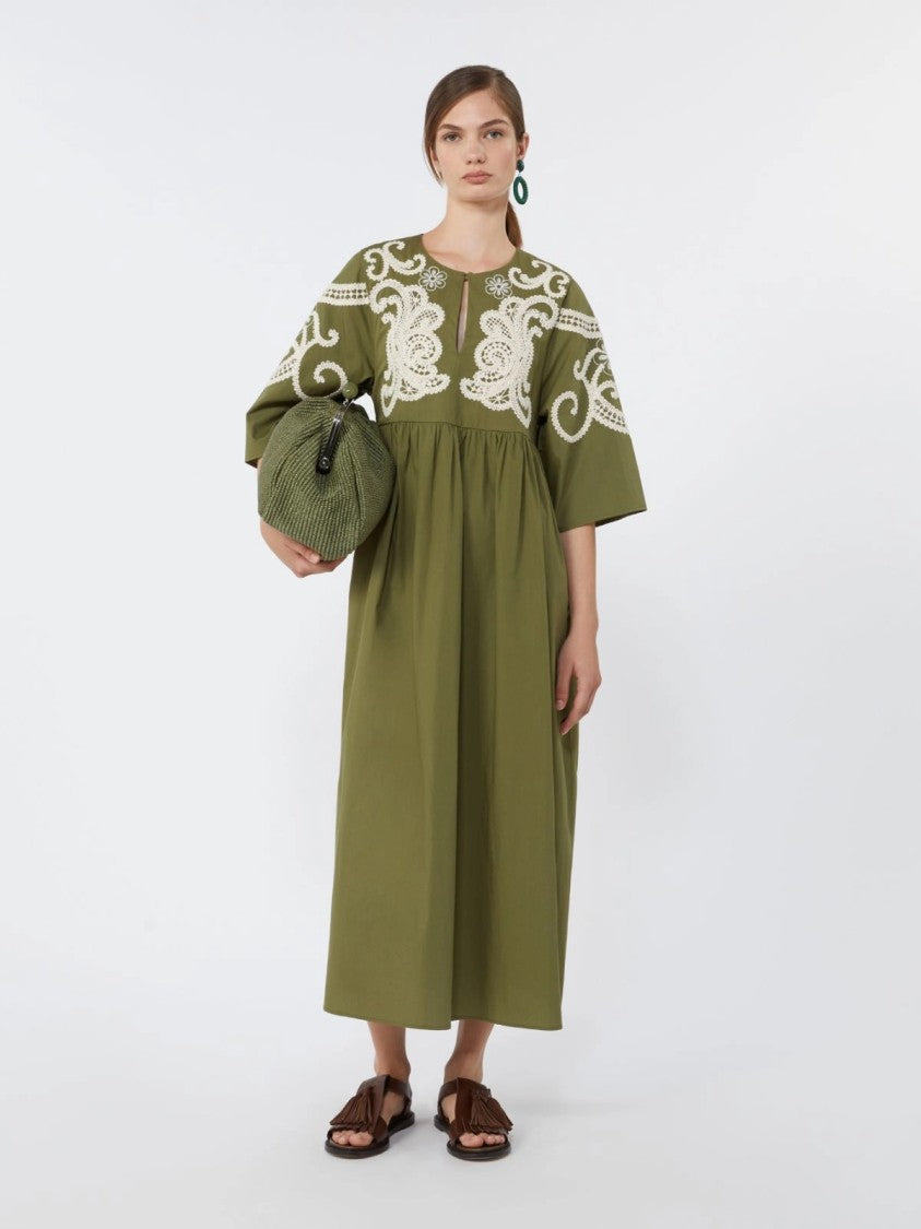 Max Mara Olive Green Midi Dress With Intricate Lace Embroidery