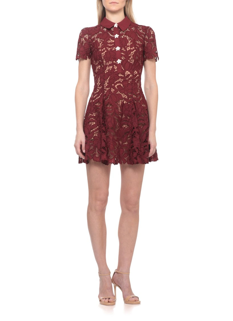 Self-Portrait Bordeaux Floral Lace Mini Dress With Collared Neckline