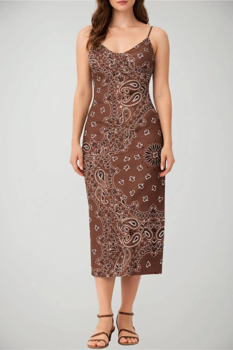 Mc2 Saint Barth Crisscross Back Midi Dress With Intricate Paisley Pattern