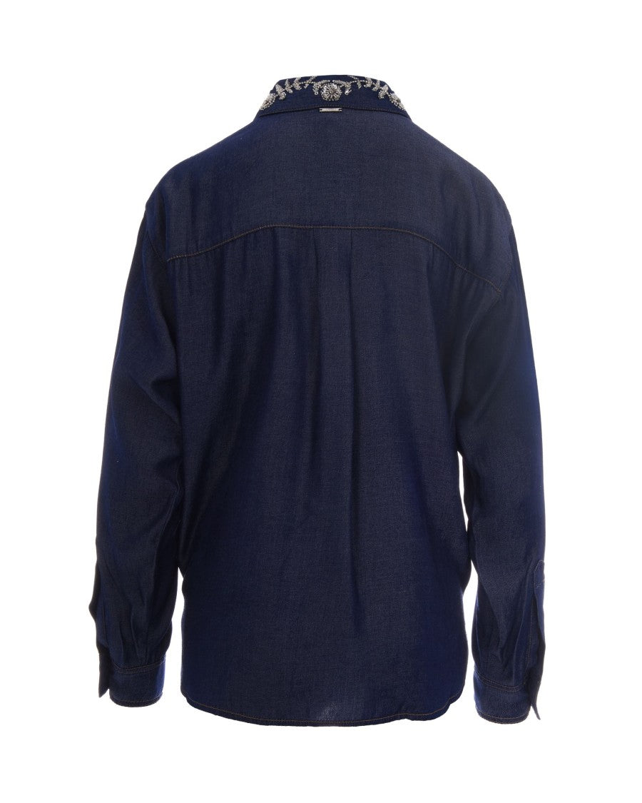 Liu Jo Chambray Denim Shirt With Removable Floral Embroidered Collar