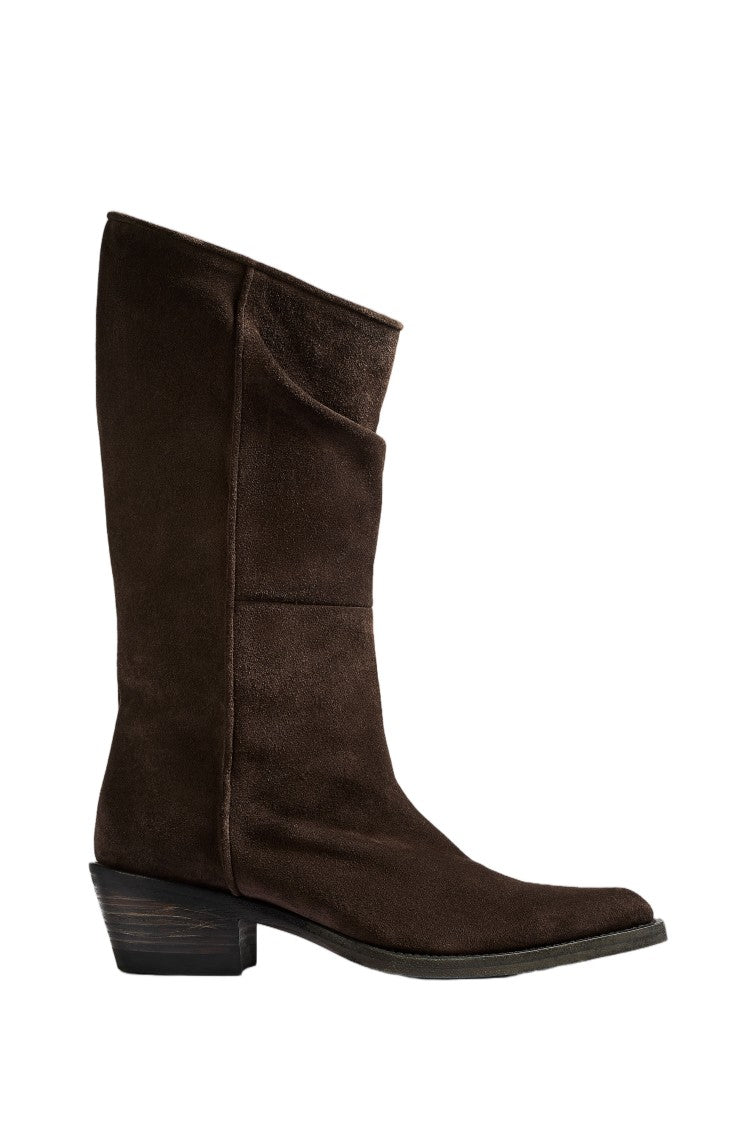 Khaite Grey Split-Suede Stacked Heel Western Boots