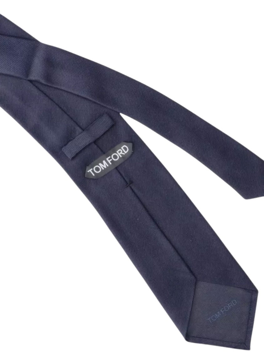 Tom Ford Navy Blue Silk Tie With Diagonal Weave And Logo Patch