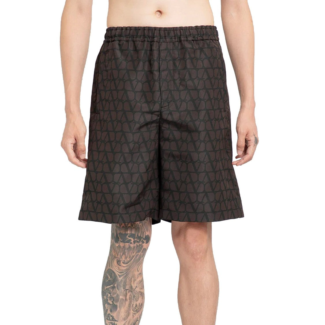 Valentino Brown Logo Silk Shorts With Elasticated Waist