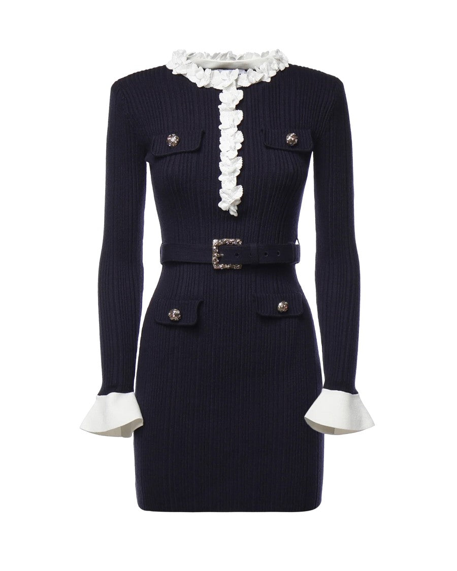 Self-Portrait Ribbed Knit Jewel Button Floral Mini Dress