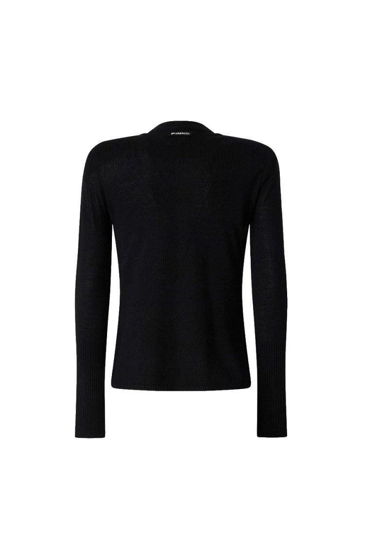 Pinko Black Wool Ribbed-Cuff Mock-Neck Sweater