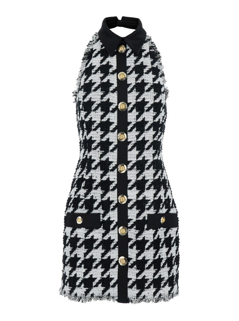 Balmain Buttoned Halterneck Tweed & Satin Dress