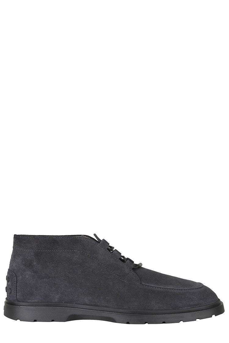 Tod's Blue Calf-High Laces Suede Rubber Sole Ankle Boots