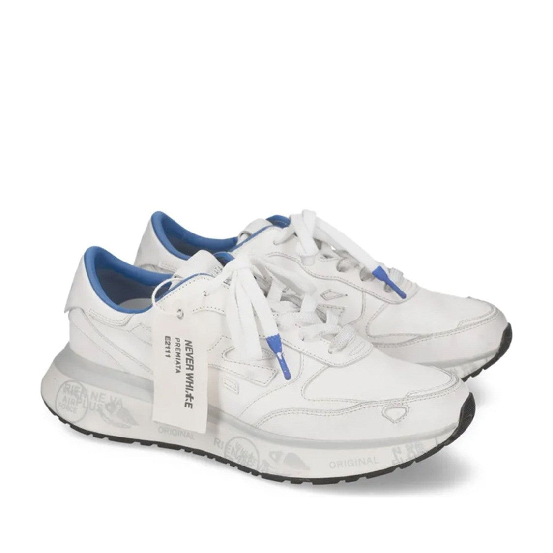 Premiata White Leather Blue Accent Sneakers