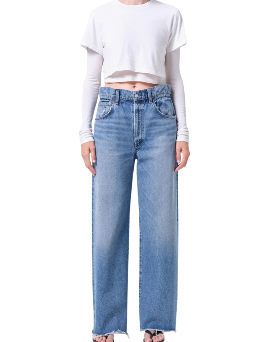 Agolde High-Rise Straight Jeans With Gathered Waistband In Medium Vintage Indigo