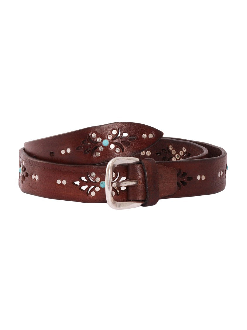 Alberto Luti Leather Belt With Laser-Cut Floral Patterns And Stud Embellishments