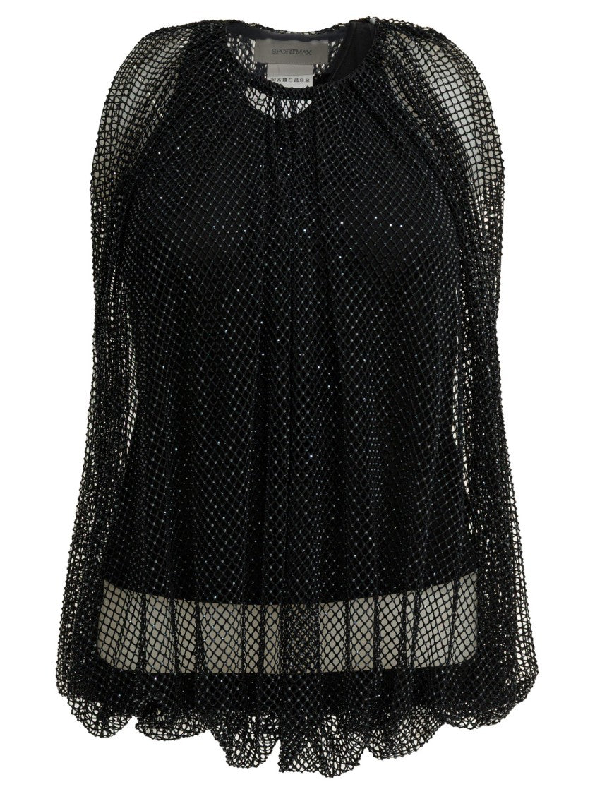 Max Mara Textured Black Long-Sleeved Top With Sheer Mesh Overlay