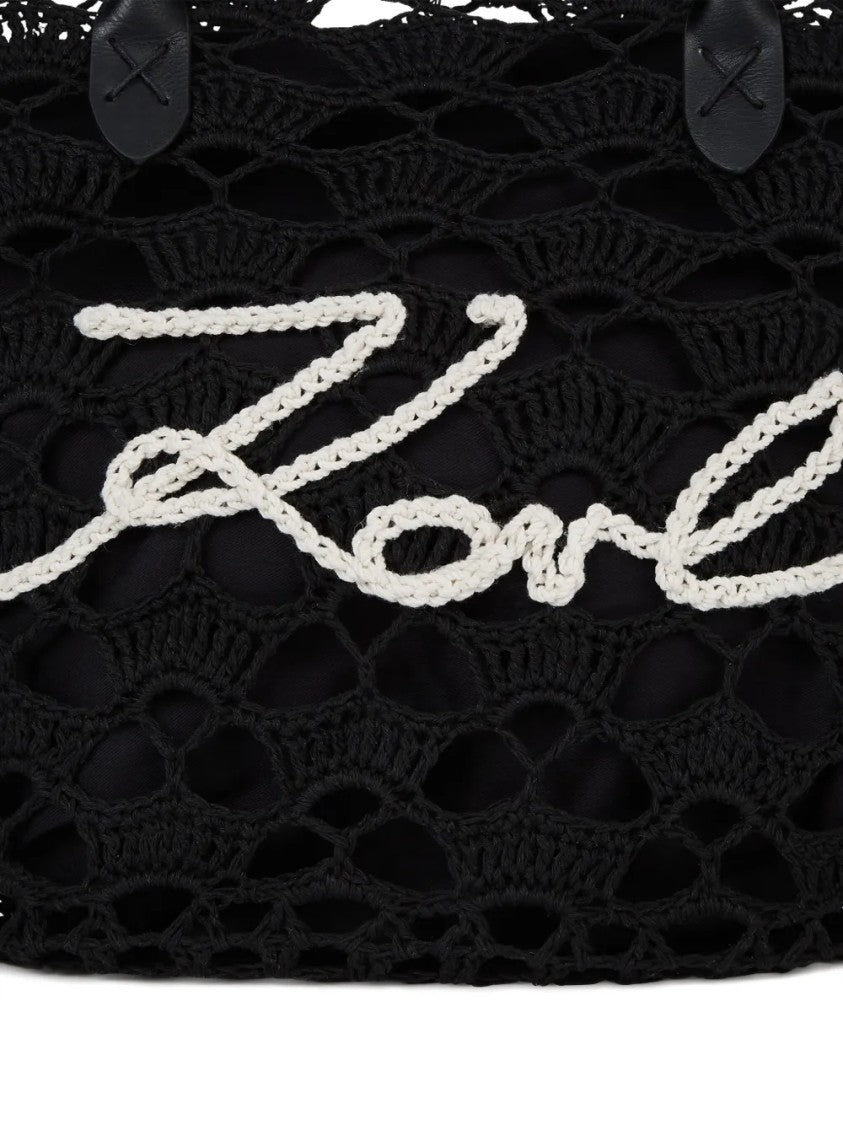 Karl Lagerfeld Intricate Openwork Crochet Tote Bag With Logo Detail