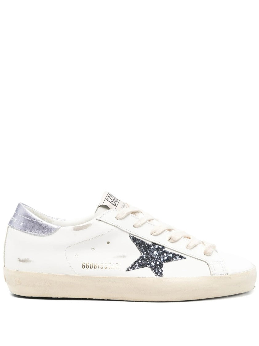 Golden Goose White Leather Sneakers With Glittery Star And Distressed Sole