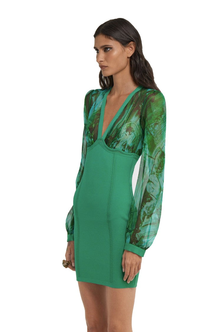 Roberto Cavalli Fitted Green Dress With Sheer Sleeves