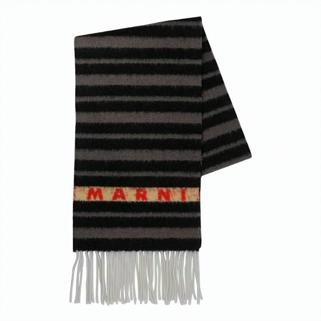 Marni Horizontal Stripe Scarf With Contrasting Band And Fringed Ends