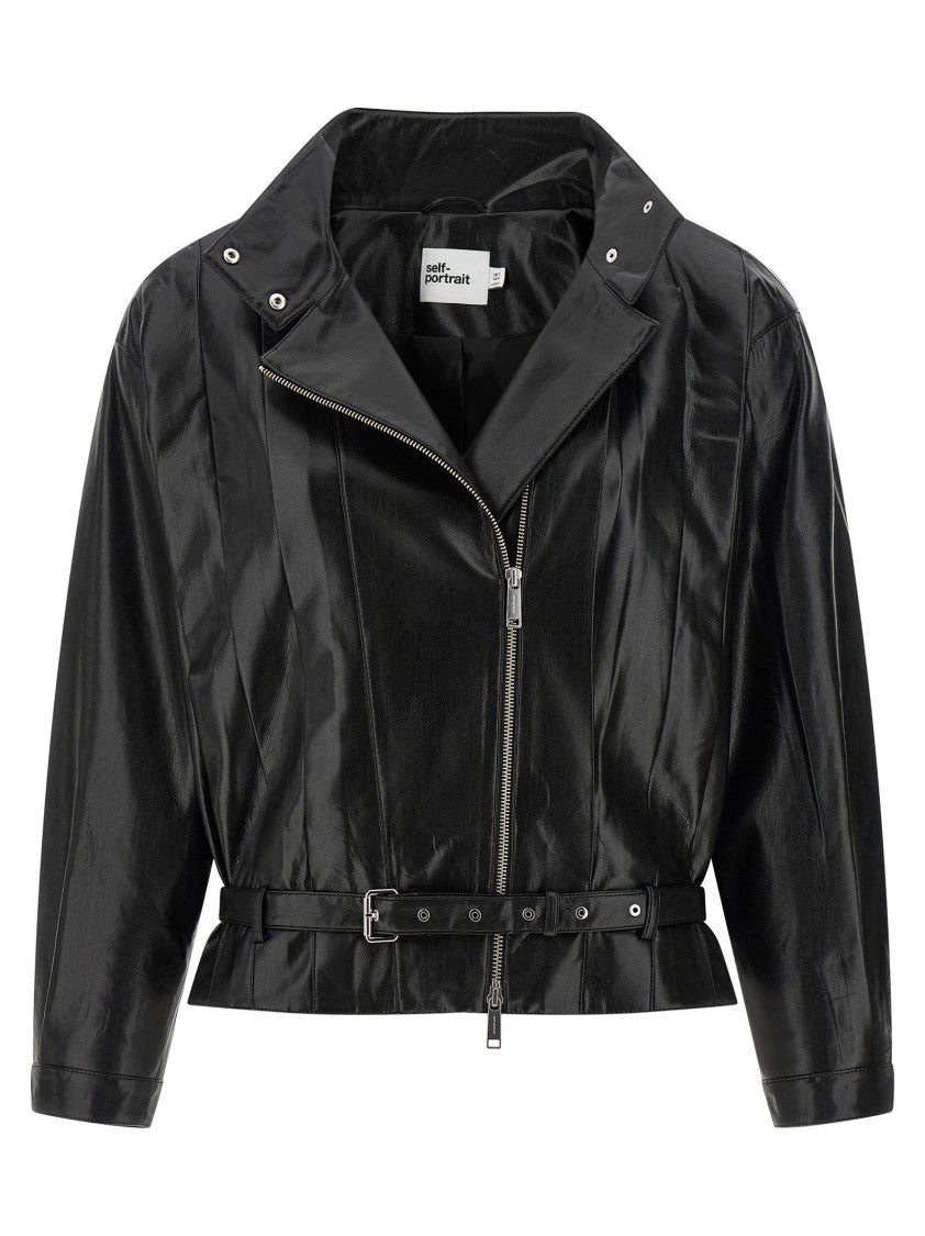 Self-Portrait Shiny Black Biker Jacket With Pleated Detailing And Asymmetric Zip Closure