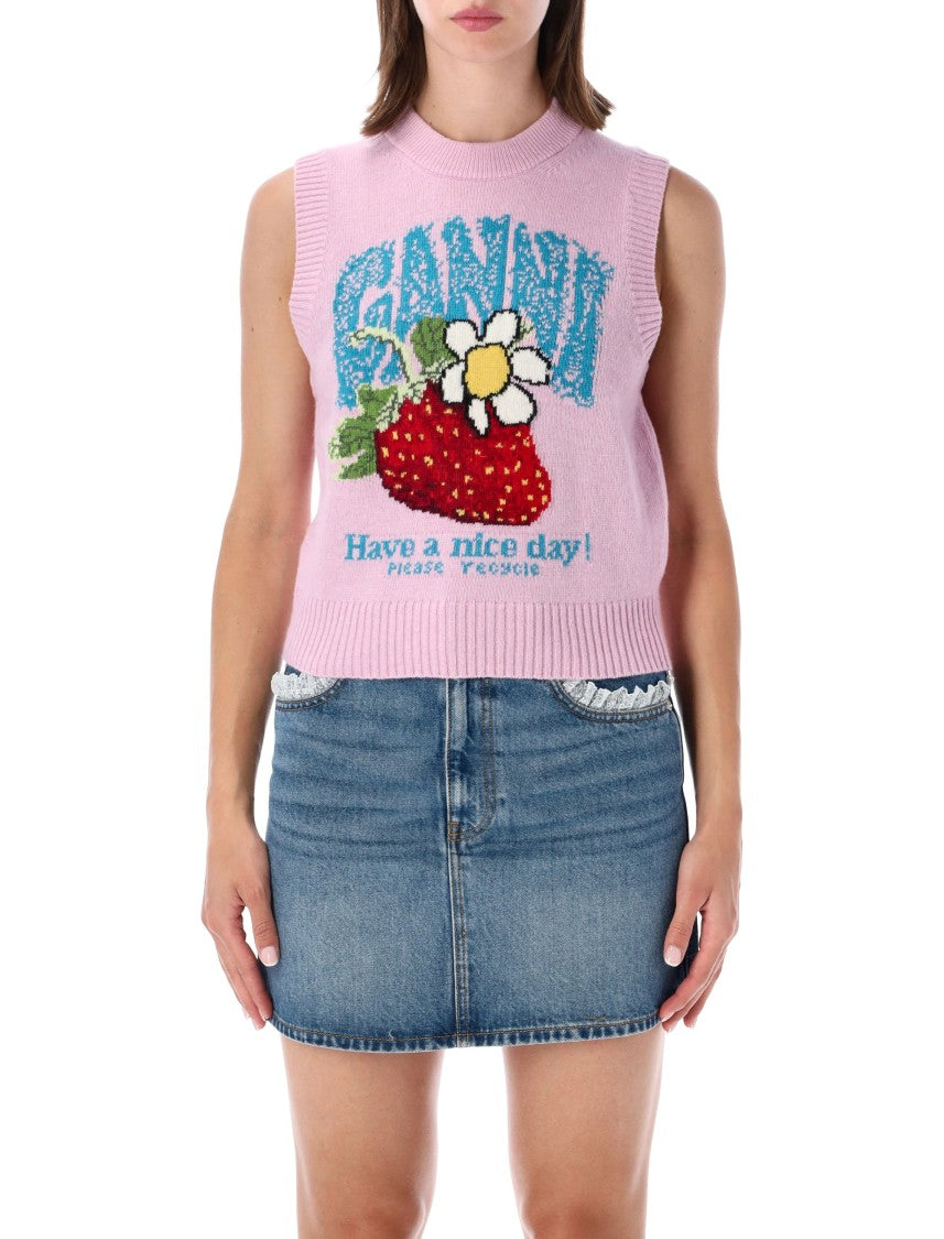 Ganni Knitted Vest With Strawberry Graphic And Ribbed Edges