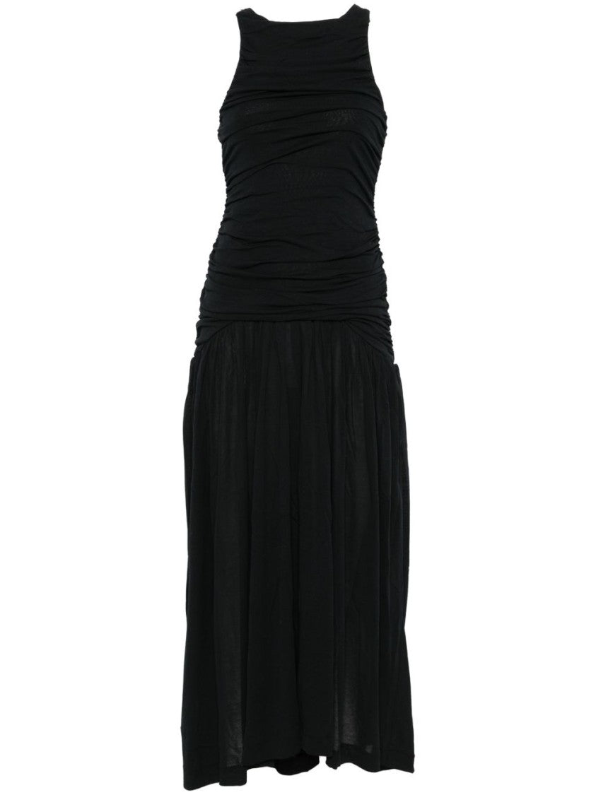 Bite Studios Ruching Detail Black Cotton Long Dress