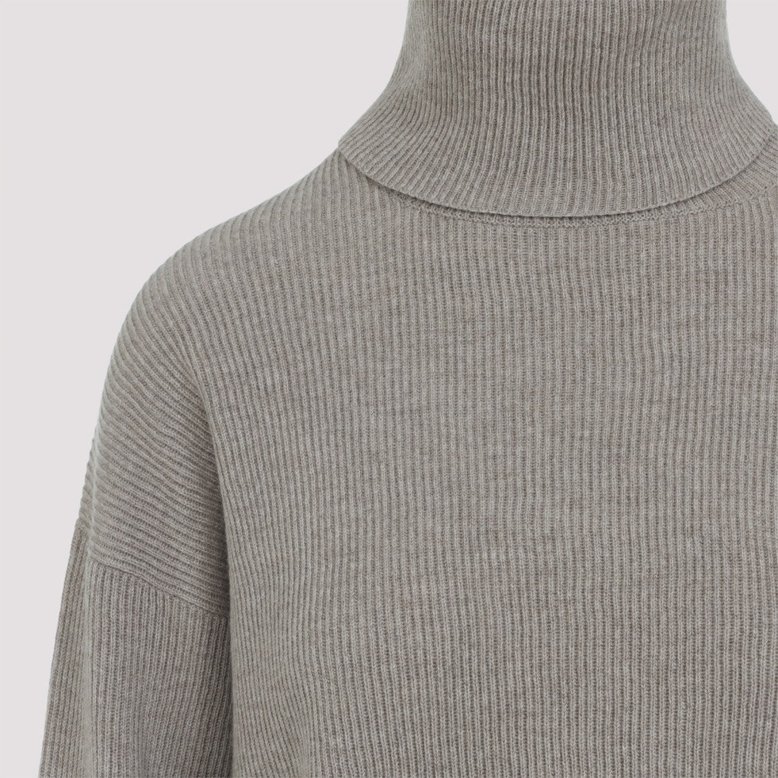Brunello Cucinelli Beige Wool-Cashmere Turtleneck Pullover With Ribbed Texture