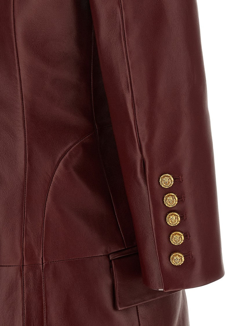 Balmain Burgundy Leather Mini Blazer Dress With Tailored Silhouette