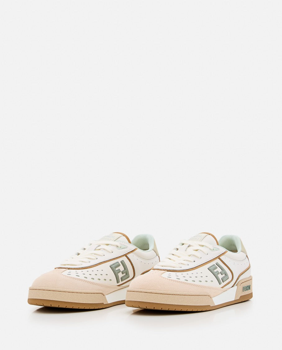 Fendi Mixed Leather And Denim Sneakers With Embossed Logo