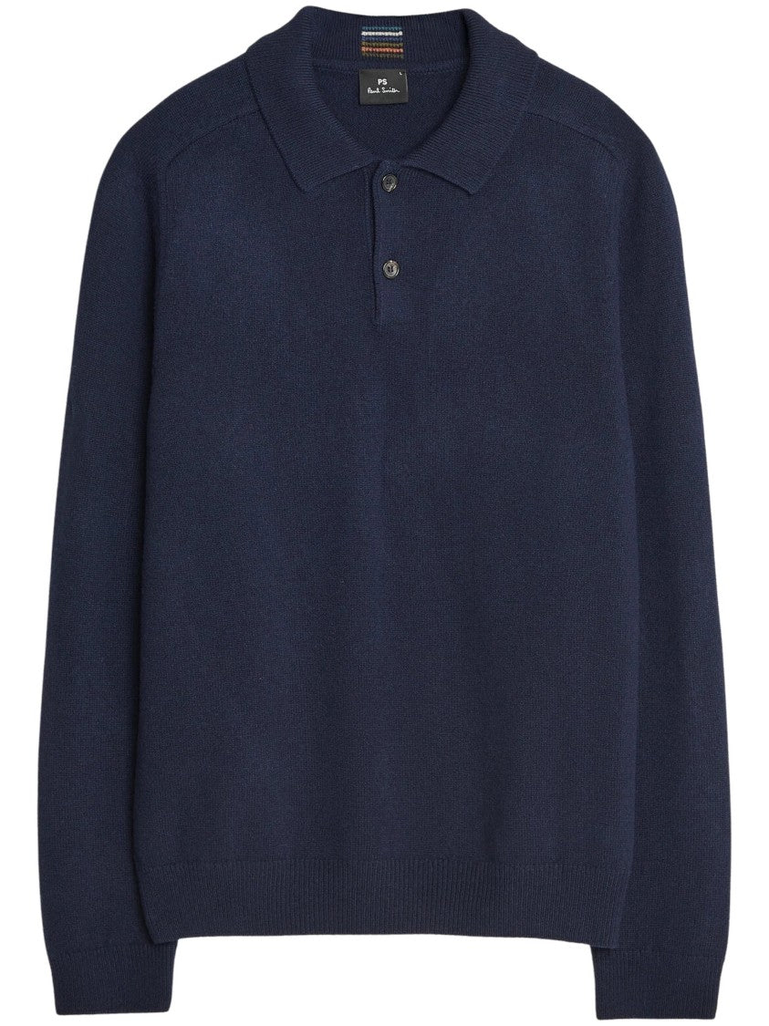 Paul Smith Knitted Navy Wool Polo Shirt With Classic Collar