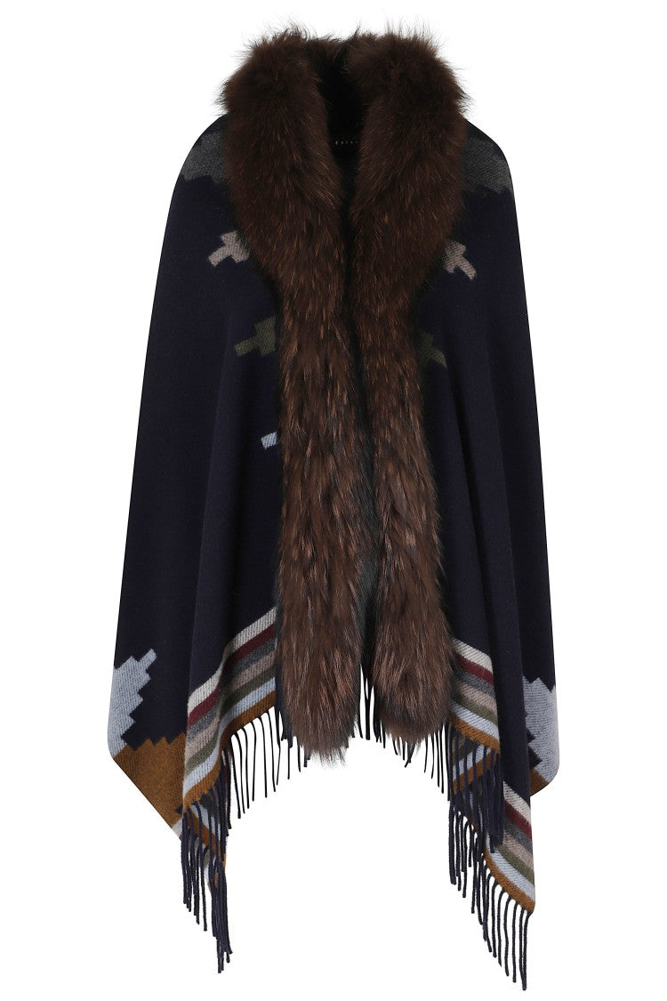 Bazar Deluxe Blue Geometric Print Faux Fur Neckline Wool Poncho