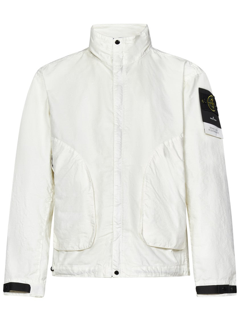 Stone Island White Jacket With Logo Patch And Contrasting Details
