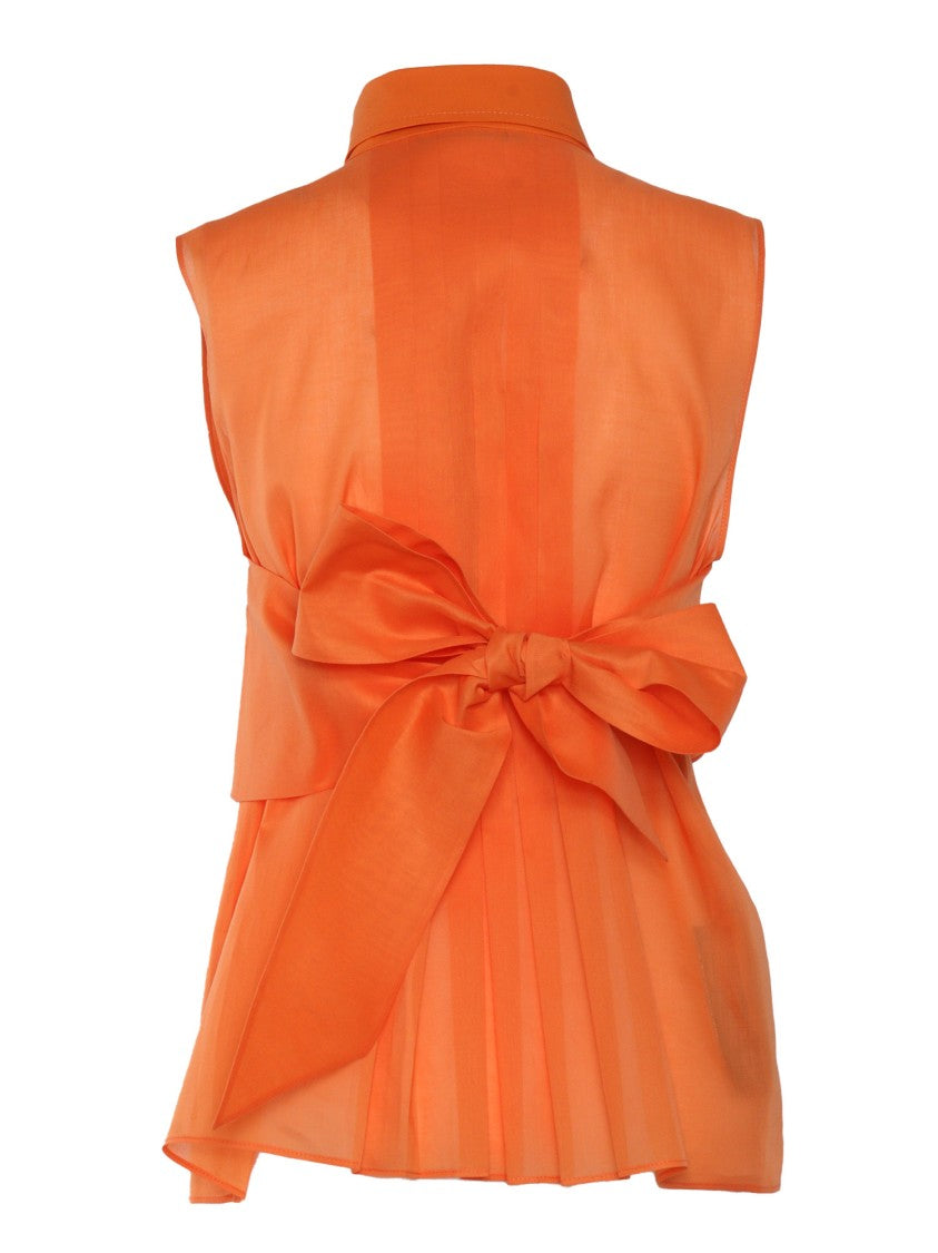 Alberta Ferretti Pleated Orange Cotton Top With Bow Detail