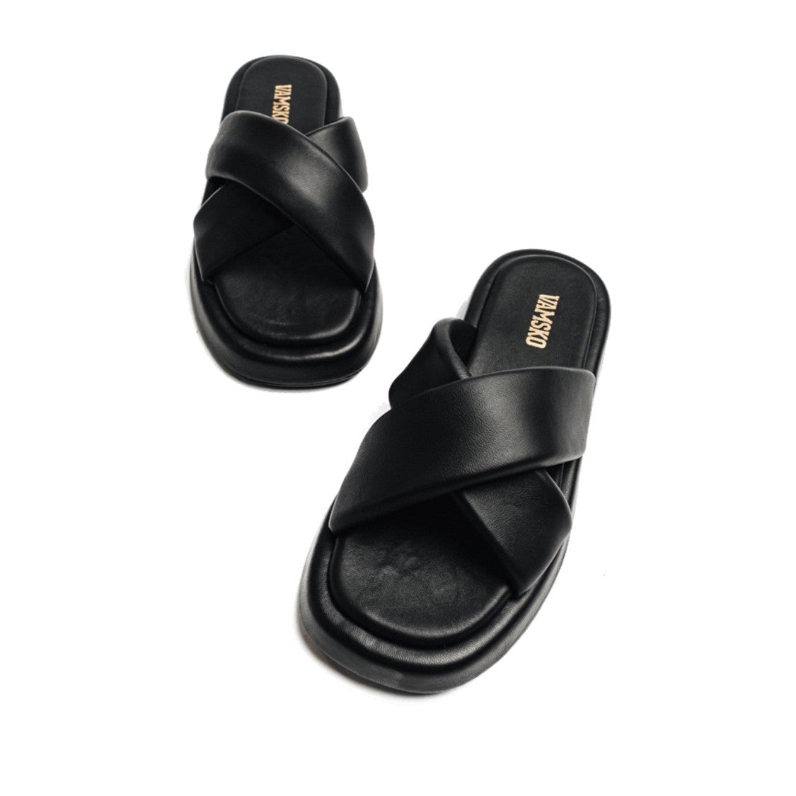 Vamsko Black Leather Pillow Wedge Slippers