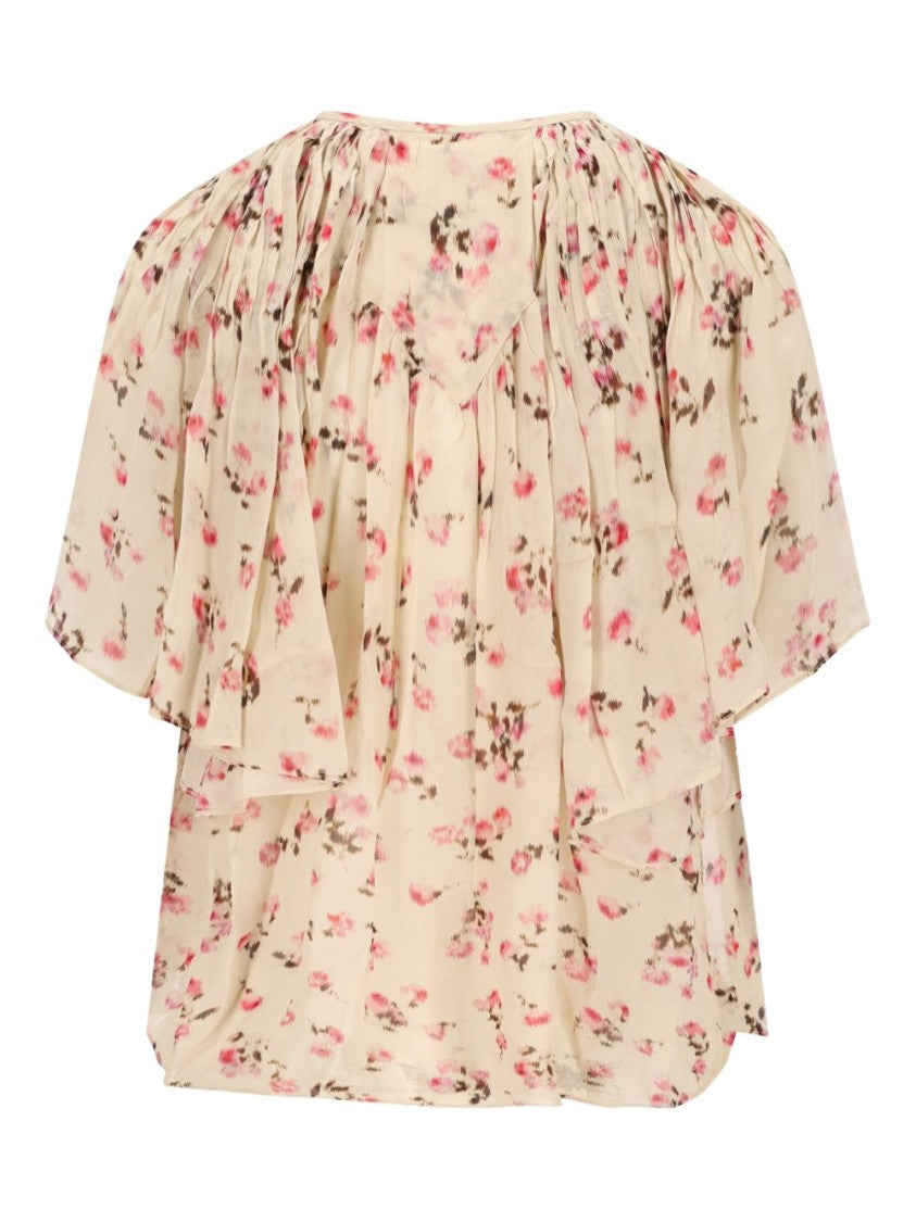 Isabel Marant Étoile Beige Floral Print Short-Sleeved Blouse With Tie Detail