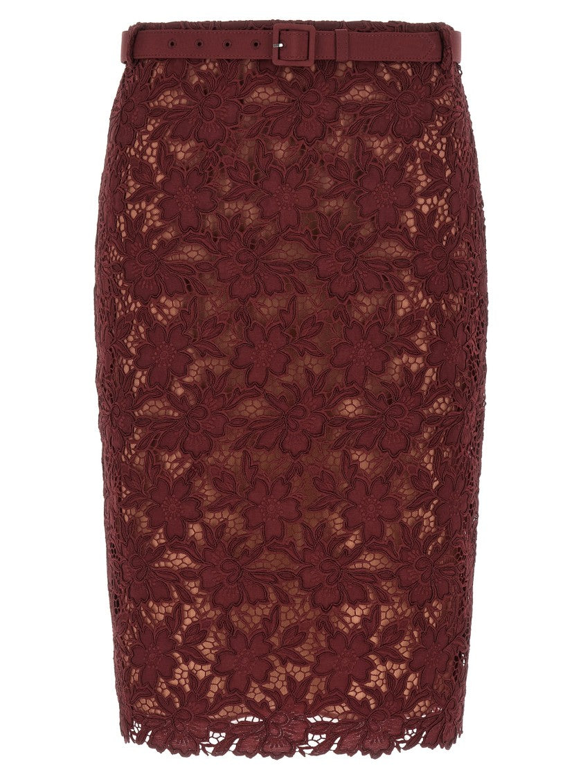 Self-Portrait 'Burgundy Guipure Lace Midi' Skirt