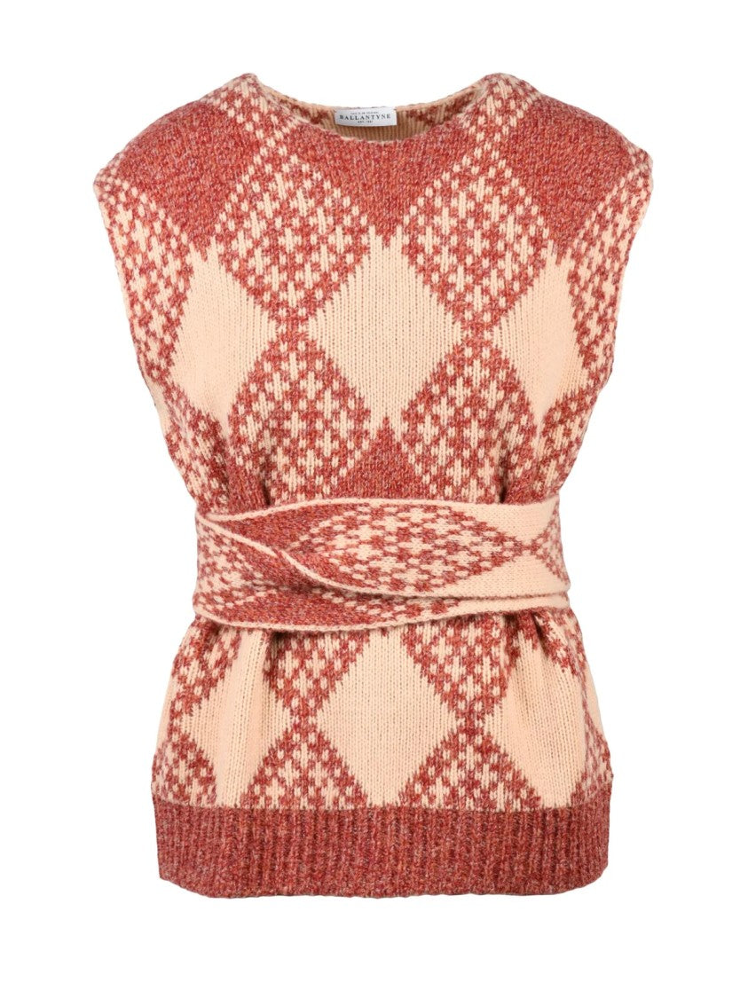 Ballantyne Oversized Knitted Gilet With Belt And Bold Argyle Pattern