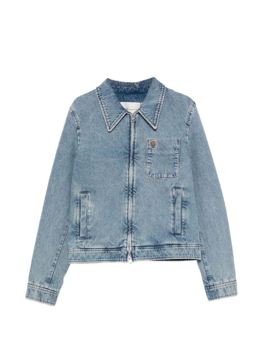 Ami Paris Classic Denim Jacket With Pointed Collar And Emblem